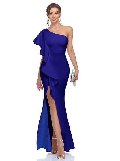 Stunning One-Shoulder Bodycon – Chic Asymmetrical Ruffle Dress, Elegant Knit Fabric for Parties