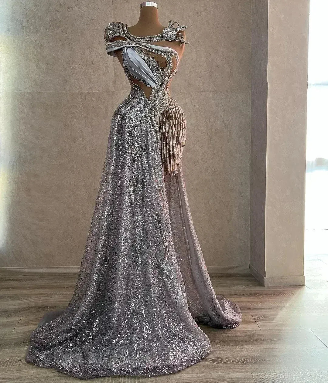 NEW Arabic Aso Ebi Sparkly Silver Luxurious Prom Dresses Beaded Crystals Evening Formal Party Second Reception Birthday Engagement Gowns Dress BC18444