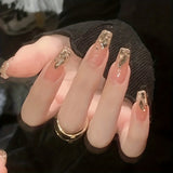 24pcs Nude Press On Nails, Medium Coffin Fake Nails With Bling Champagne Rhinestone Design, Glossy Full Cover False Nails For Women And Girls