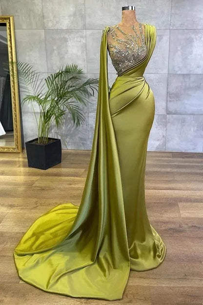 Arabic Lemon Green Satin Mermaid Evening Prom Dresses Sheer Mesh Top Sequin Beads Ruched Formal Occasion Wear Gold Hunter Sheer Neck Sweep Train Robe de BC9574