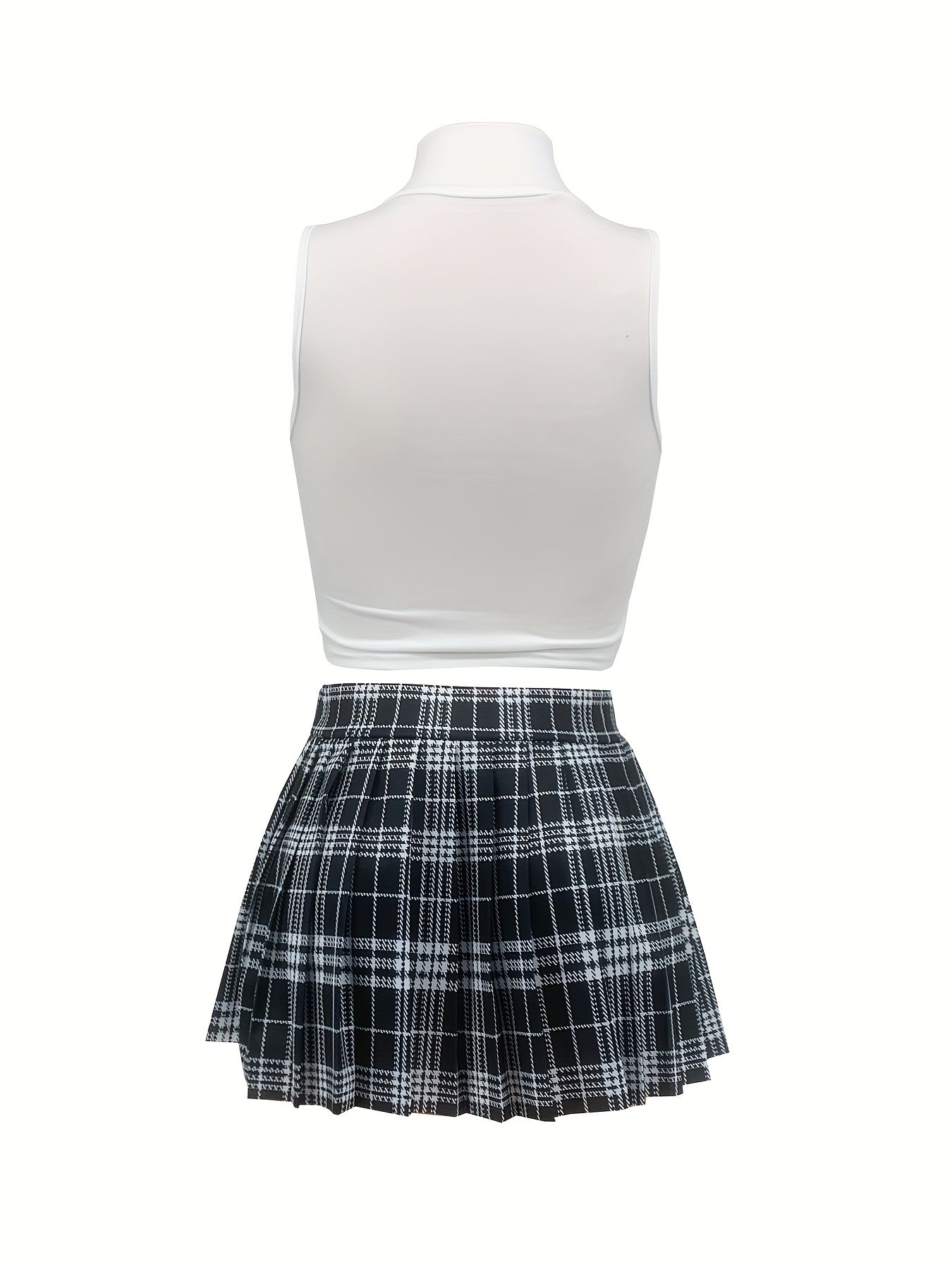 Trendy Plaid Skirt Set - Heartbeat Print Mock Neck Sleeveless Crop Top & High Waist Mini Skirt Outfit - Fashionable Womens Clothing for a Flirty, Chic Look