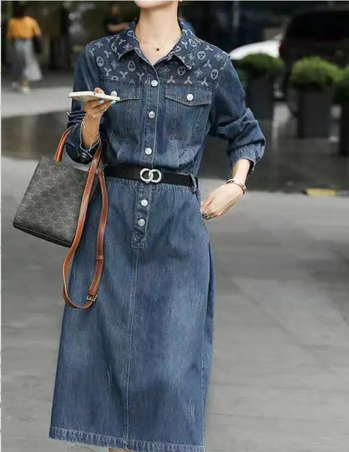 Designer mid-length Dress for Women denim office business lapel colloar skirts with belt oversized blue jeans dress