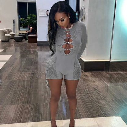 Summer Rompers Women Jumpsuit Sexy Perspective Lace Bodysuit Long Sleeve Hollow Out High Waist Bodycon Yoga Shorts Jumpsuits For Women