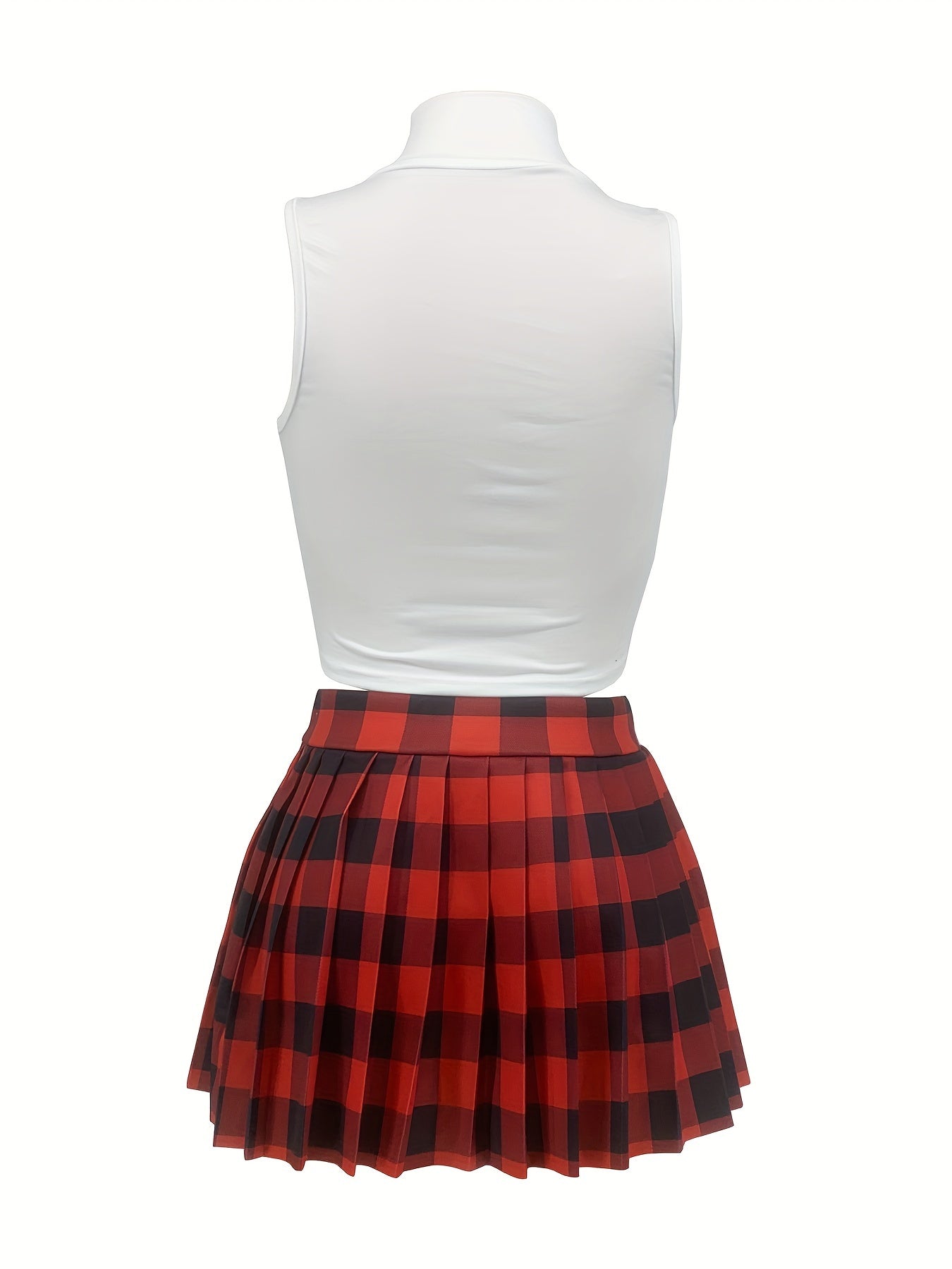 Trendy Plaid Skirt Set - Heartbeat Print Mock Neck Sleeveless Crop Top & High Waist Mini Skirt Outfit - Fashionable Womens Clothing for a Flirty, Chic Look