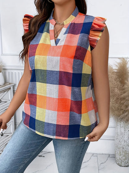 Plus Size Ruffled V Neck Plaid Blouse - Soft Polyester Casual Shirt with Ruffle Details and Random Printing - Perfect for Summer Wear