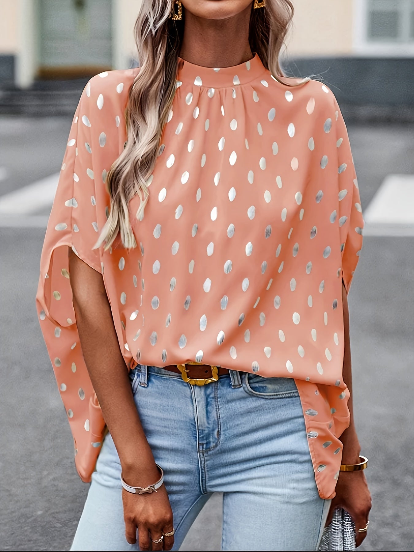 Plus Size Polka Dot Delight - Flattering Crew Neck Blouse with 3/4 Sleeves - Versatile Casual Wear for Spring to Fall - Womens Fashion Plus Size Clothing Staple