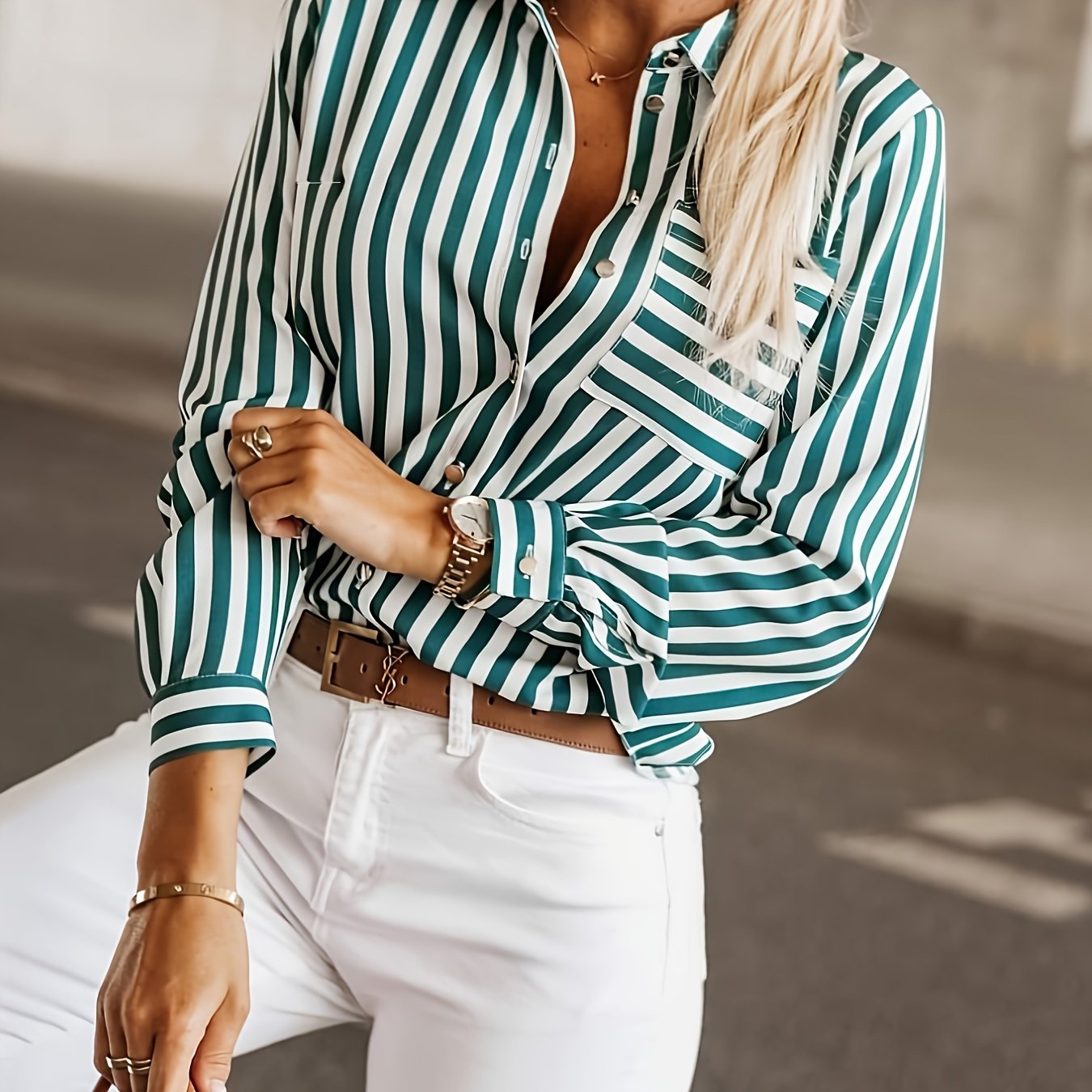 Plus Size Womens Lapel Collar Stripe Print Long Sleeve Shirt Top with Pocket - Polyester Non-Stretch Fabric, Random Printing, Woven, Spring Style, Casual Chic - Middle East Inspired Collection