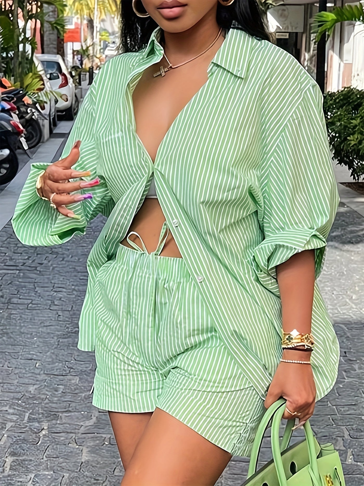 Elegant Casual Striped Two-Piece Set for Women - Machine-Washable Long Sleeve Shirt with Drawstring Shorts, Perfect for Spring/Summer