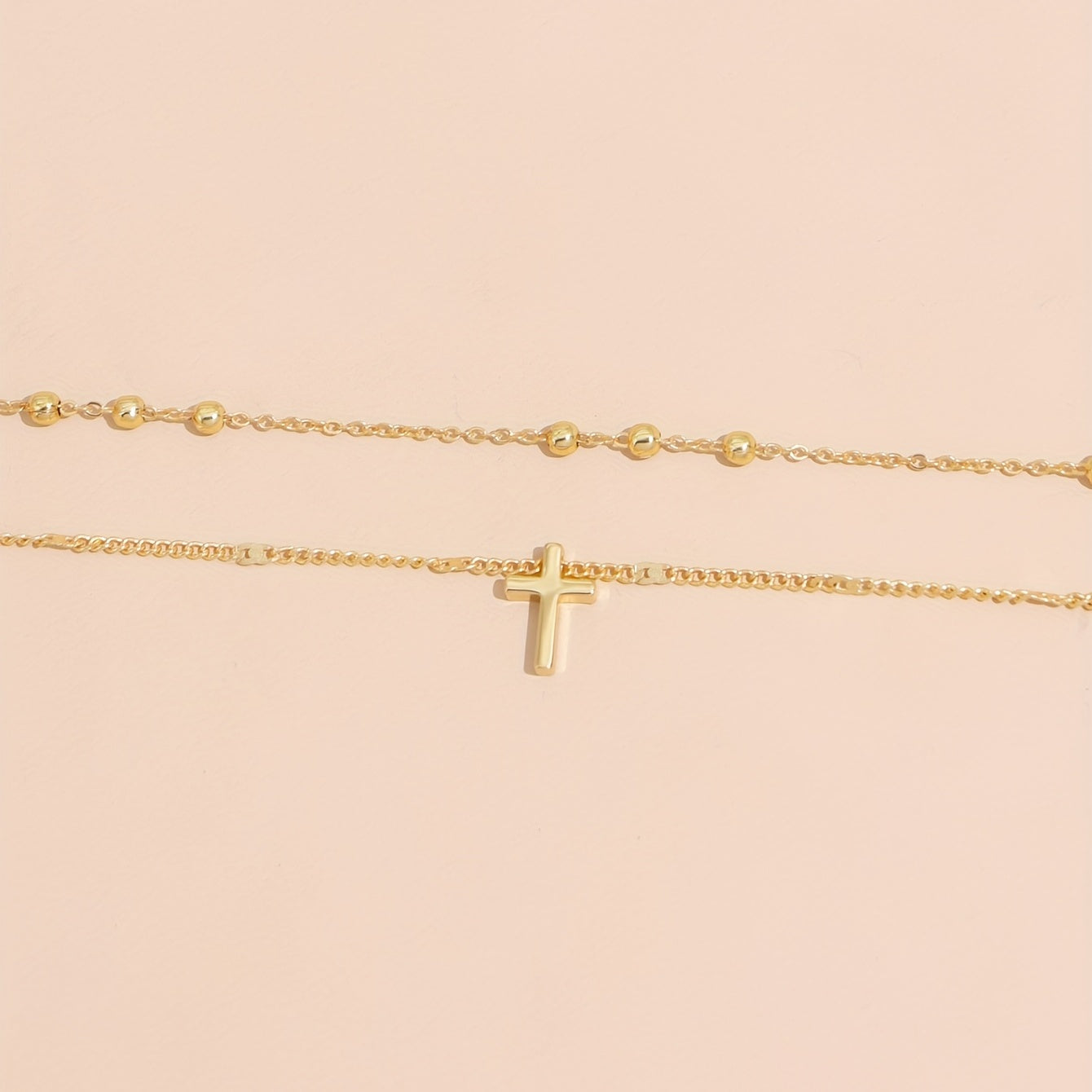 Vintage Cross Pendant Beads Chain Clavicle Chain Double Layer Necklace Ladies Holiday Jewelry Gift