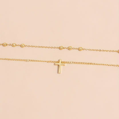 Vintage Cross Pendant Beads Chain Clavicle Chain Double Layer Necklace Ladies Holiday Jewelry Gift