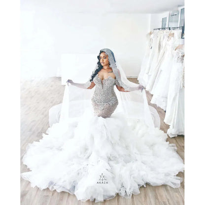 Plus Arabic Aso Ebi Size Luxurious Mermaid Wedding Dress Beaded Crystals Tulle Detachable Train Tiers Bridal Gowns Dresses ZJ es