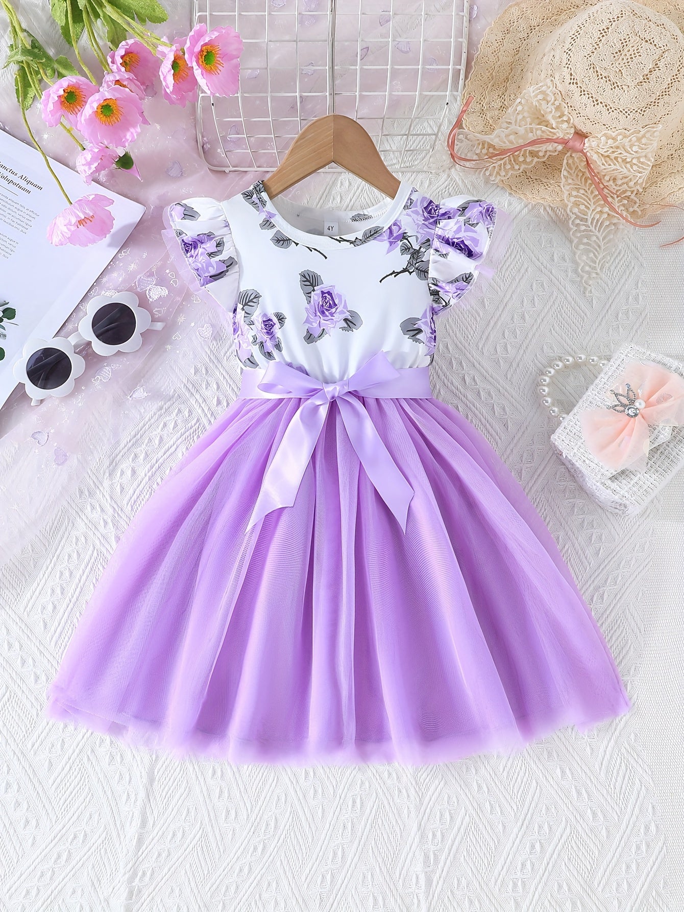 Girls Sweet Floral Round Neck Tutu Dress With Ribbon Bow Belt For Summer