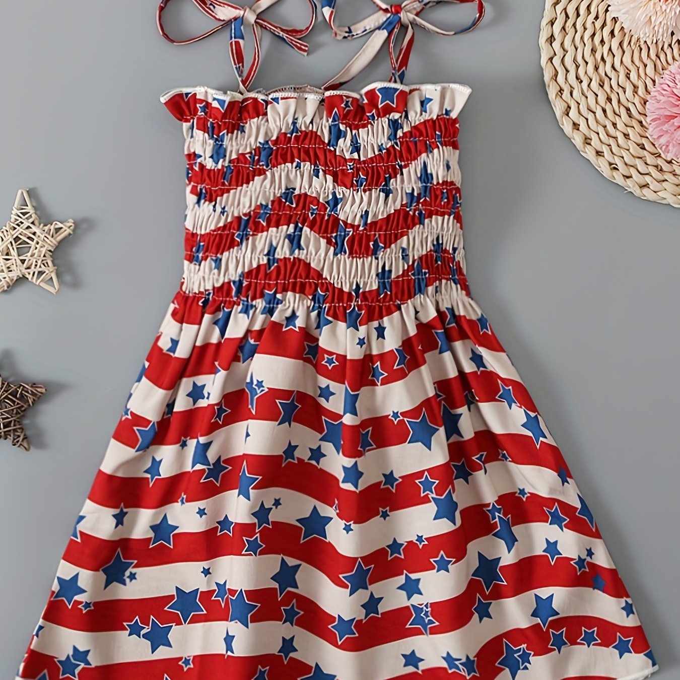 Toddler Girls Stars And Stripes Graphic Frill Trim Shirred Bow Shoulder Cami Dress For Independence Day Kids Summer Clothes