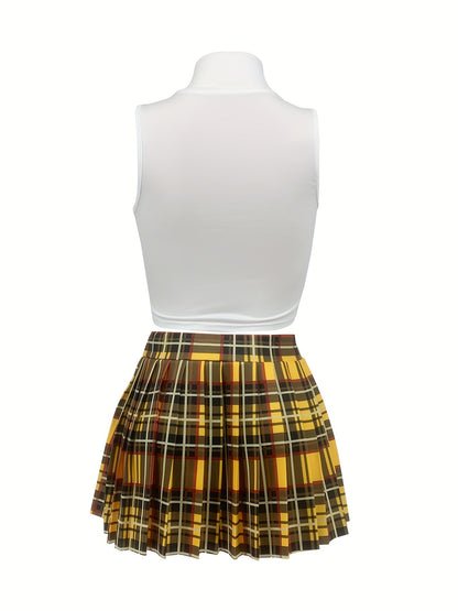 Trendy Plaid Skirt Set - Heartbeat Print Mock Neck Sleeveless Crop Top & High Waist Mini Skirt Outfit - Fashionable Womens Clothing for a Flirty, Chic Look