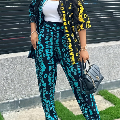 Two-Piece Vacation Outfit - Lapel Neck Short Sleeve Top & Wide Leg Pants with Button, All Over Print, Positioning Printing, Polyester Fabric, Machine Washable - Womens Casual Clothing for All Seasons