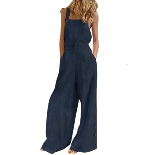 Women's Jumpsuits Rompers Women Jumpsuit Summer Sleeveless Solid Color Wide Leg Pockets Loose Strappy Playsuit Overall Wide Leg Pockets mono mujer verano 230131