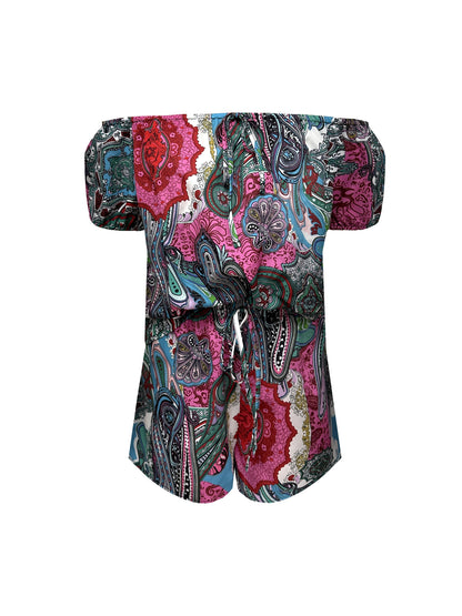 Tropical Two-Piece Outfit - Off the Shoulder Short Sleeve Top & Shorts Set with Drawstring Waist - Elegant Polyester Woven Print Clothing for Spring/Summer