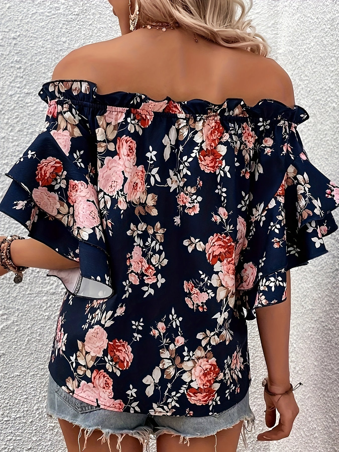 Plus Size Strapless Elegant Floral Print Off Shoulder Blouse - Woven Polyester Vacation Style with Ruffle Sleeve and Layered Design - Perfect for Spring and Summer Seasons
