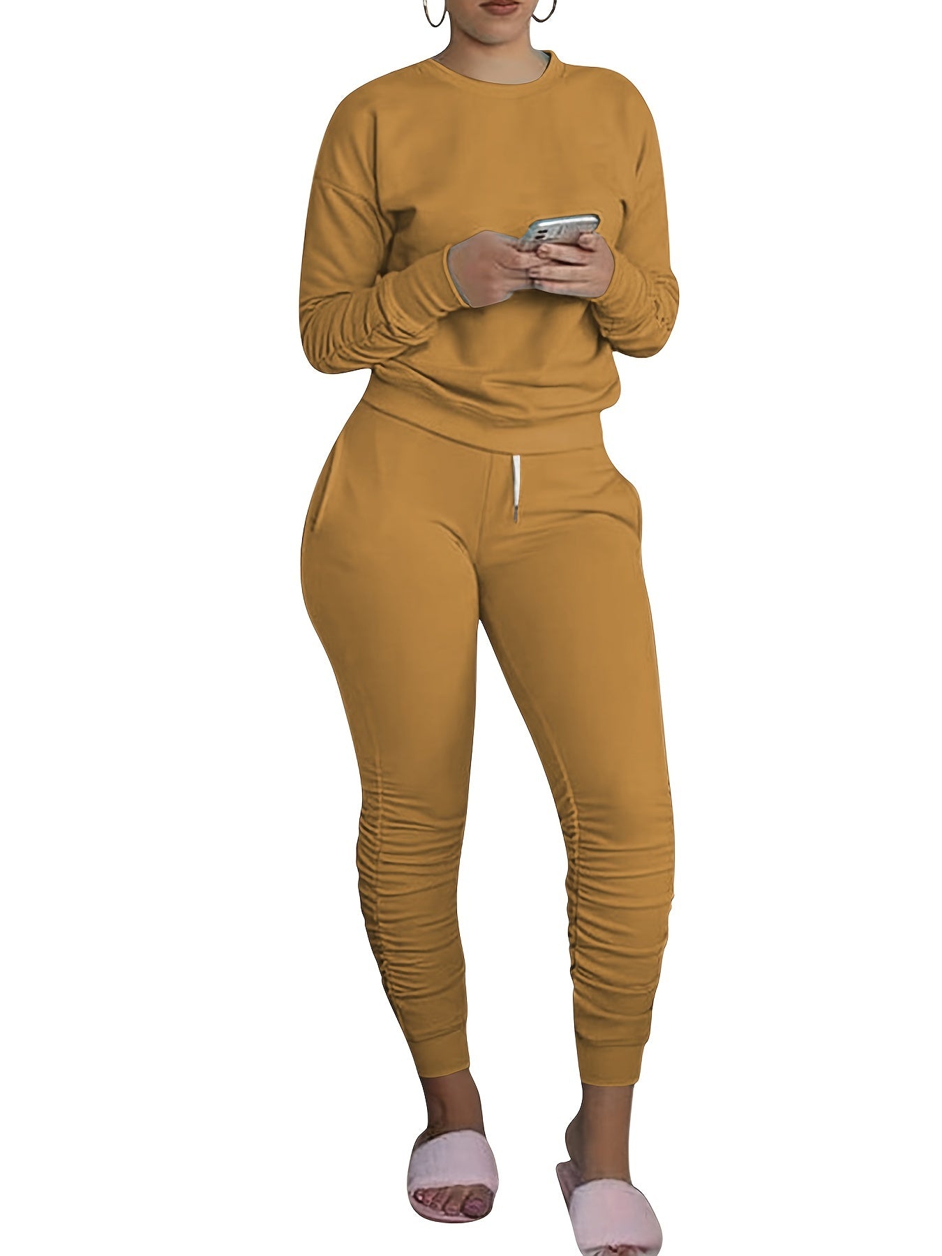 Womens Chic Leisure Two-piece Set - Comfy Long Sleeve Top & Stylish Pocketed Trousers - Versatile for Workouts or Casual Wear