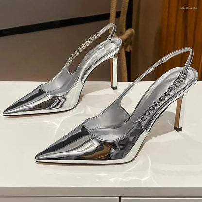 Dress Shoes Shiny High Heels Women Pumps Metallic Crystal Sandals Pointy Toe Stiletto Heeled Silver Party Woman