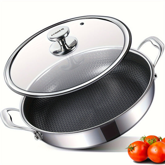 1pc Stainless Steel Non-Stick Wok Pan - Effortless Cooking with Lid & Dual Handles - PFOA Free, Dishwasher Safe - Perfect for Wokking, Toasting, Roasting & Stewing - Premium Kitchen Utensil for Hassle-Free Meals