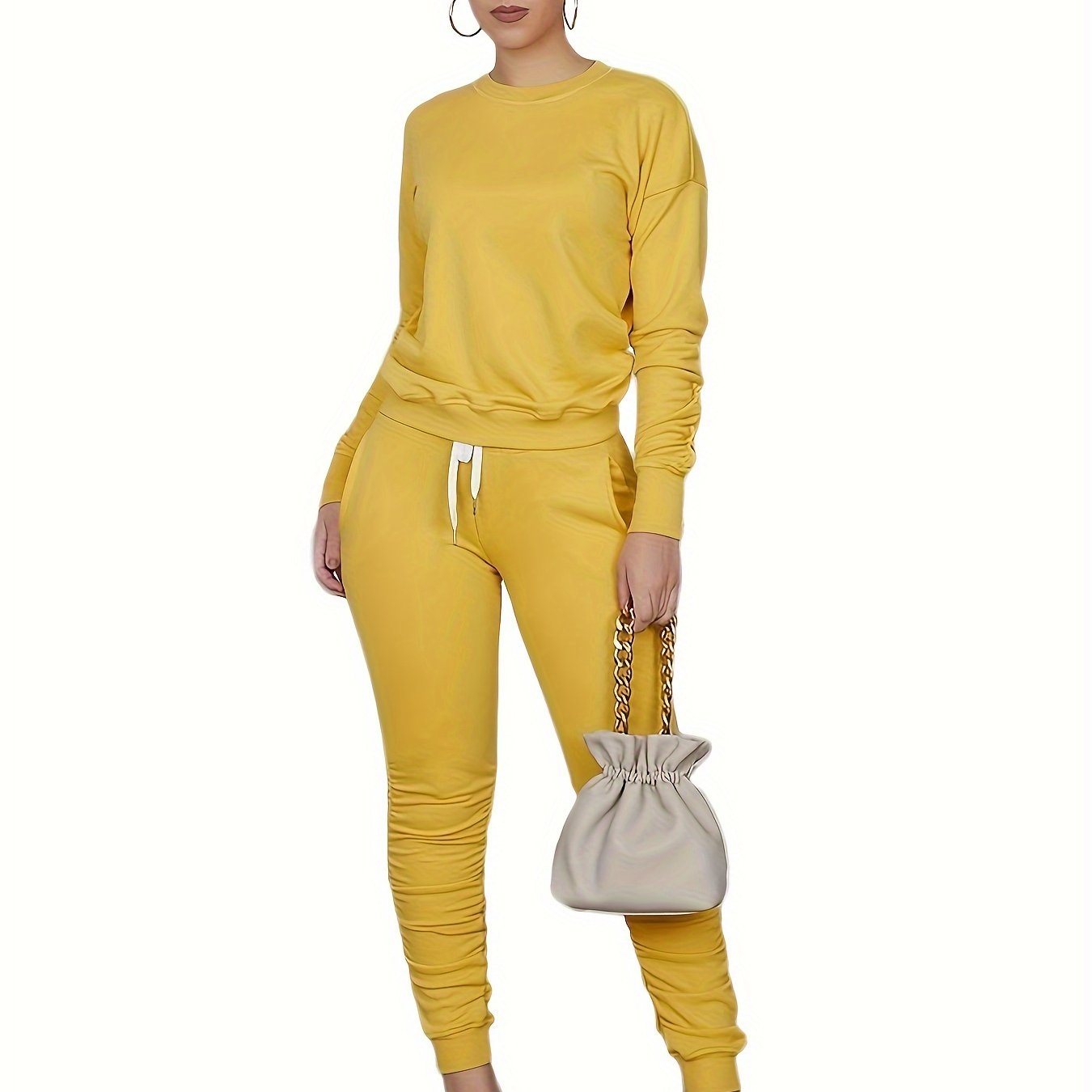 Womens Chic Leisure Two-piece Set - Comfy Long Sleeve Top & Stylish Pocketed Trousers - Versatile for Workouts or Casual Wear