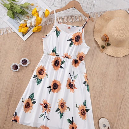 Girls Charming Sunflower Print Dress - Adjustable Spaghetti Straps, Stylish Crew Neck, Trendy Summer Fashion for Blossoming Beauties