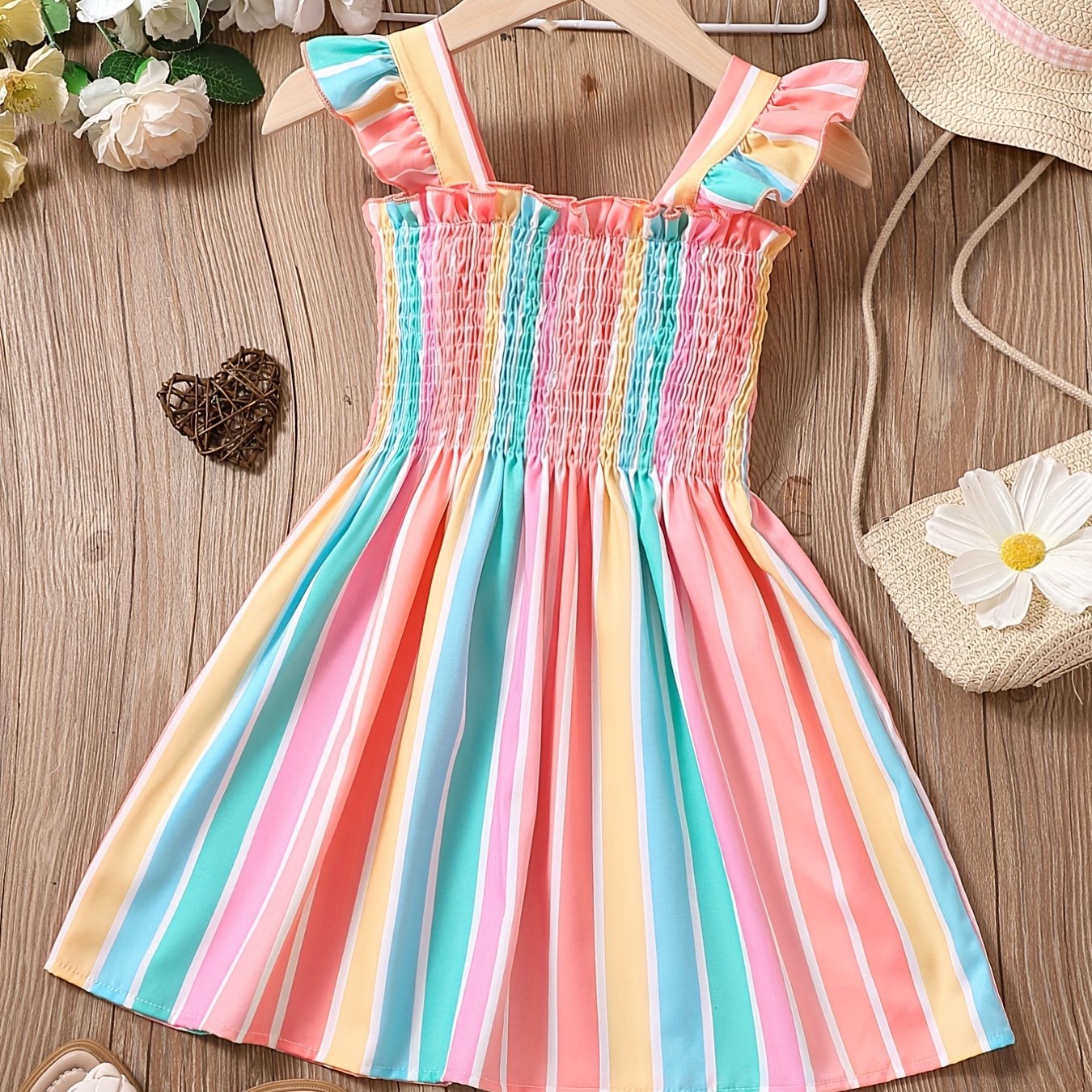 Girls Color Block Striped Sleeveless Ruffles Ruched Dress Kids Summer Clothes