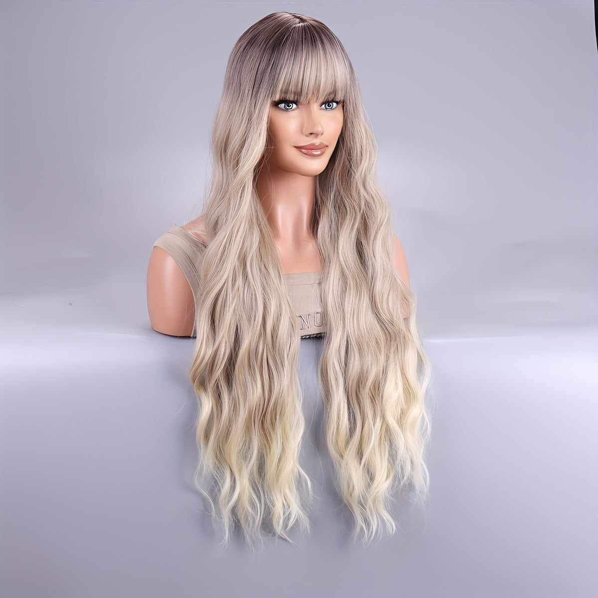 1pc Stunning Blonde Curly Ombre Wig with Bangs - Heat Resistant, 100% Density, Rose Net Cap, Long Wavy Style for Women and Men - Perfect for Daily Party Use, 28 Inches