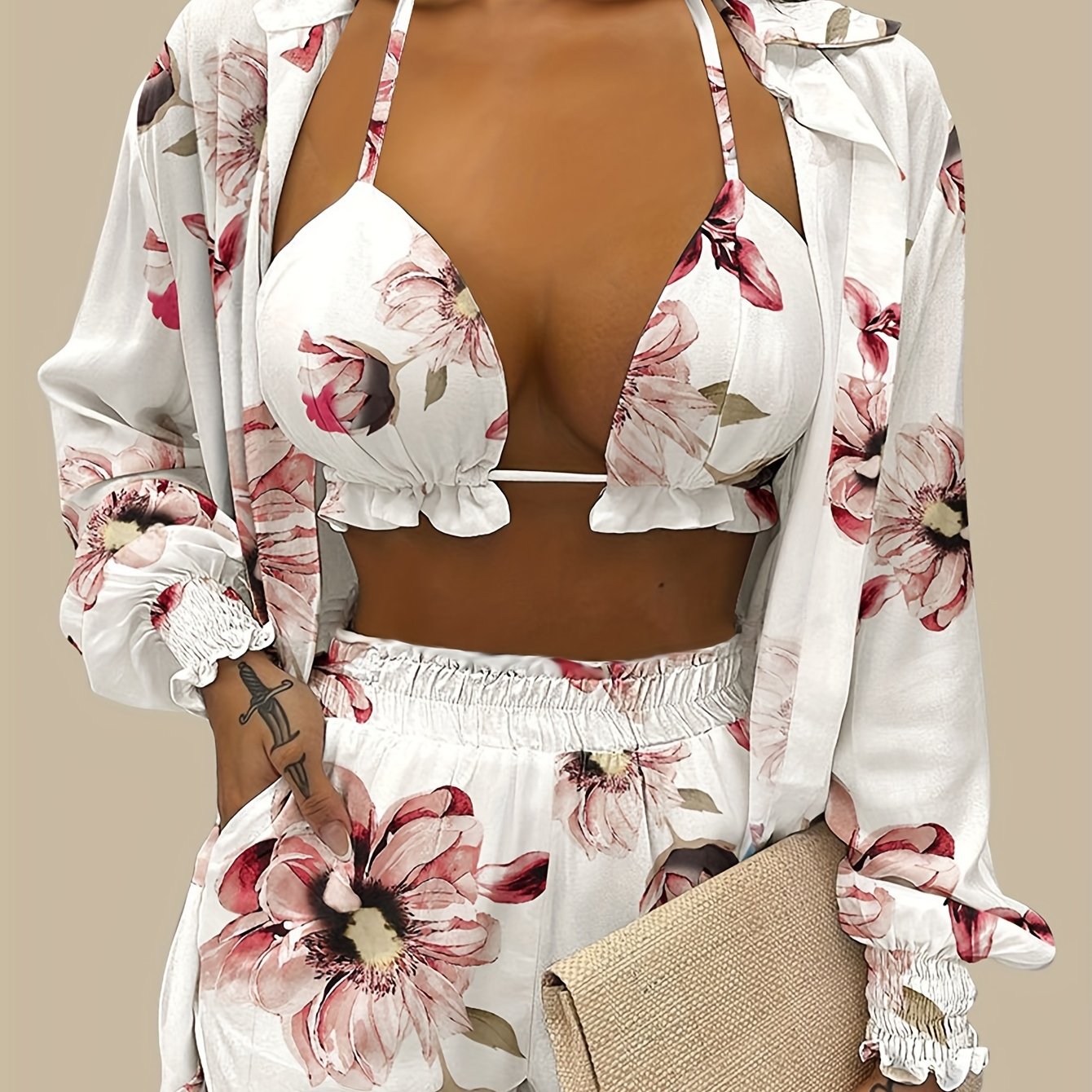 Sexy Floral Print Bra & Short Sleeve Blouse & Floral Print Shorts Set, Women's Clothing