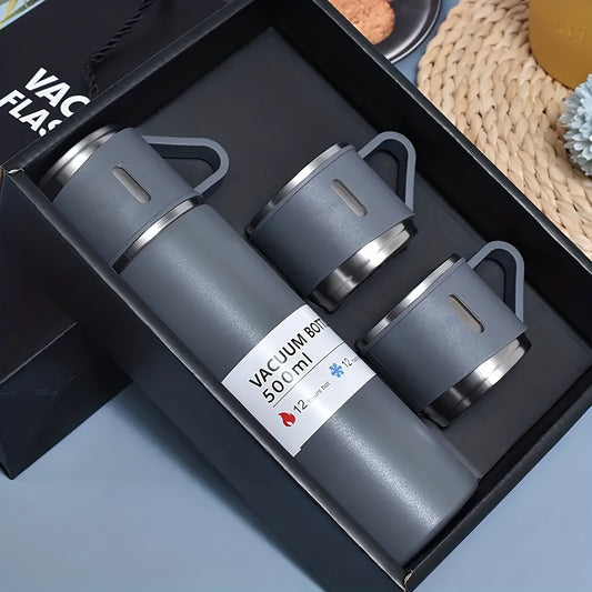 1pc/ 1 Set, Vacuum Flask, 500ml/16.9oz Insulated Water Bottle With Extra 2 Cup Lids Set, Travel Thermal Cups, For Hot And Cold Beverages, Summer Winter Drinkware, Gifts