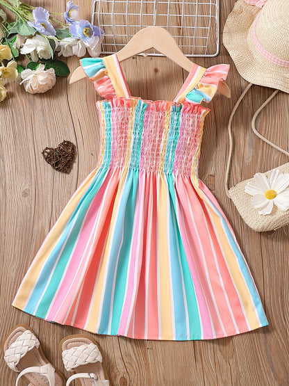 Girls Color Block Striped Sleeveless Ruffles Ruched Dress Kids Summer Clothes