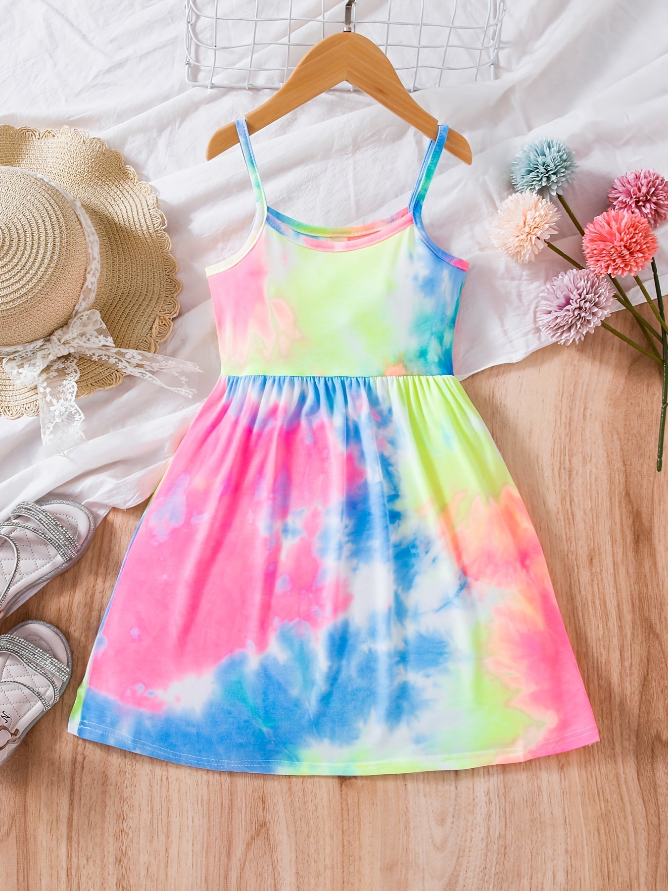 Girls Rainbow Tie Dye Cami Dress For Party Kids Summer Clothes