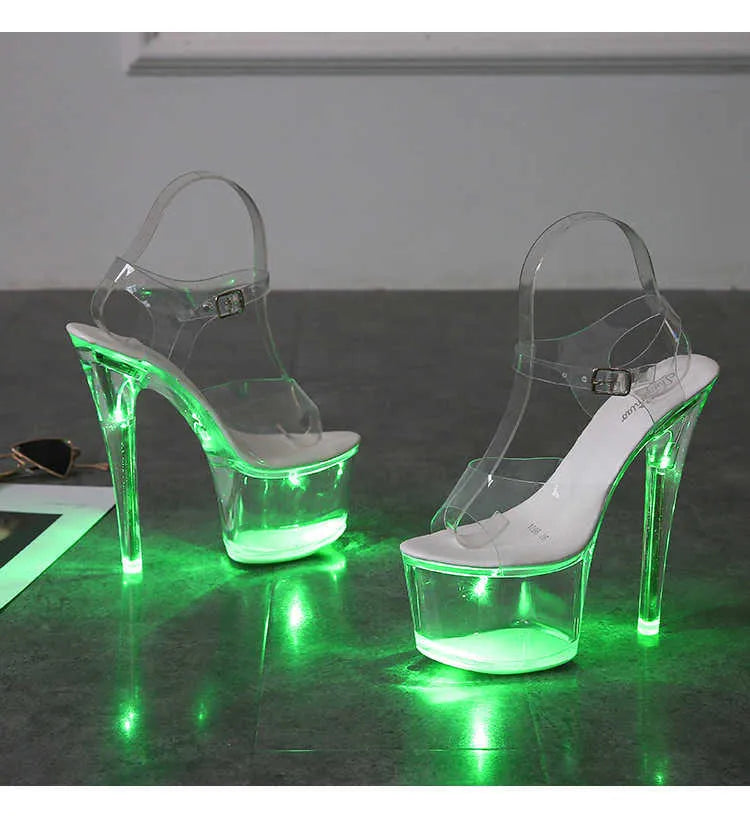 Dress Shoes New 17CM Super High Nightclub High Heels Transparent Platform Luminous Slippers Women Shoes Led Light Catwalk Pole Dance Sandals G230130