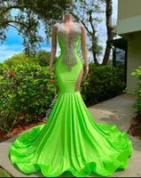 Green Sparkly Sequin Mermaid African Prom Dresses Deep V neck Crystals Black Girls Long Graduation Dress Plus Size Formal Evening Gowns GW0228