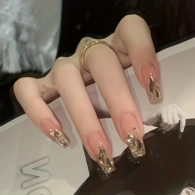 24pcs Nude Press On Nails, Medium Coffin Fake Nails With Bling Champagne Rhinestone Design, Glossy Full Cover False Nails For Women And Girls
