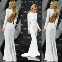 Classy Long Sleeve Crepe Open Back Celebrity Dresses Mermaid Ivory Jewel Neck Robe De Soiree Watteau Train Satin Formal Dresses for Women