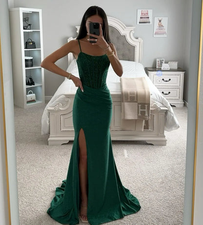 Dark green mermaid prom dress sequins top straps formal evening dresses elegant pleats party gowns for special occasions split robe de soiree