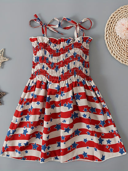 Toddler Girls Stars And Stripes Graphic Frill Trim Shirred Bow Shoulder Cami Dress For Independence Day Kids Summer Clothes