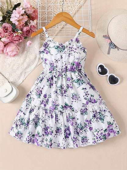 Girls' Casual Cute Sundress With Purple Floral Print For Summer Vacation