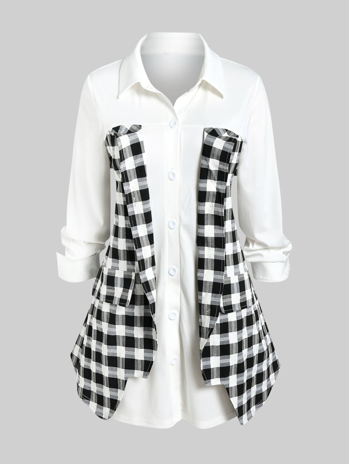 Plus Size Womens Gingham Chic Long Sleeve Layered Shirt - Soft Slight Stretch Fabric, Casual Comfortable Top for Daily Wear, Versatile Styling Options - Perfect for Spring and Summer