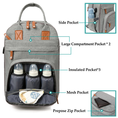 Lamroro Ultimate Diaper Bag Backpack - Spacious & Stylish with Insulated Pockets, Pacifier Case, Stroller Straps, Waterproof Design for On-the-Go Parents