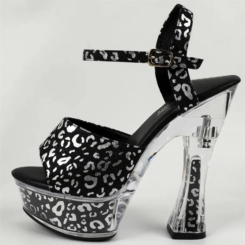 Dress Shoes Sexy Leopard Print High Heels Party Nightclub Women's Cross Belt Crystal Thick 15 CM Platform Model Sandals Show