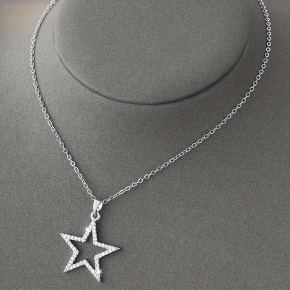 Inlaid Shiny Zircon Hollow Out Star Pendant Necklace Adjustable Neck Chain Jewelry