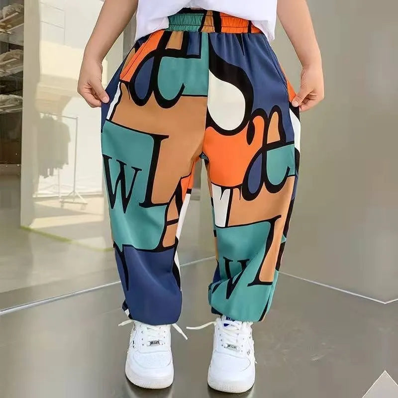 Boys Print Casual Pants Summer Graffiti Designer Sweatpants Thin Long Pant Teenage Kids Clothes for 2 12 Y 220808