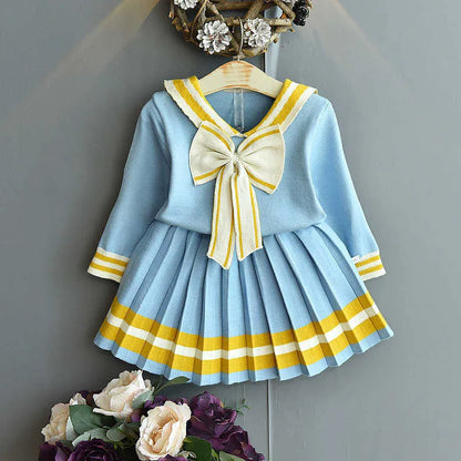 fashion kids winter sweaters baby girl clothes cute bow tie college wind jacket and skirt suit Q0716