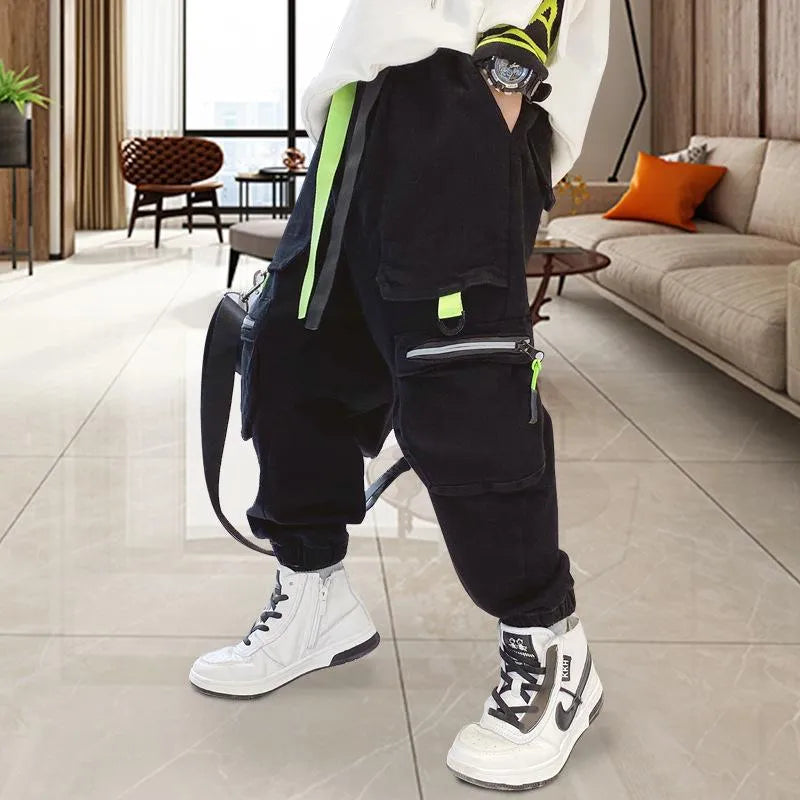 Trousers Autumn Winter Kids Boys Multi-pockets Cargo Pants Ribbon Older Children's Casual Spring Hip Hop Harem