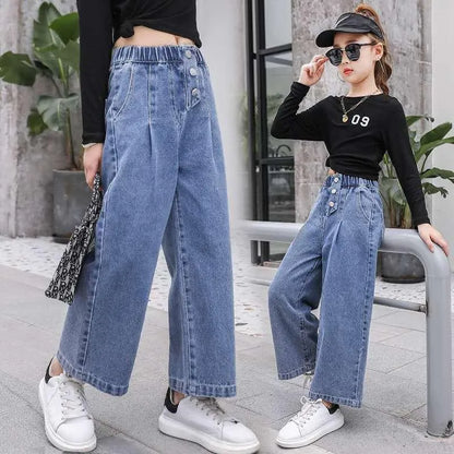 Jeans Big Size Love Heart Printing Girls Autumn Fashion Straight Style Wide Leg Pants For Kids 3-12 Years Children Clothing