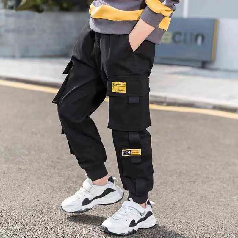 EACHIN Boys Pants Solid Cargo Teenage Boy Multi-Pocket Trousers Kids Spring Autumn Casual Streetwear 211231