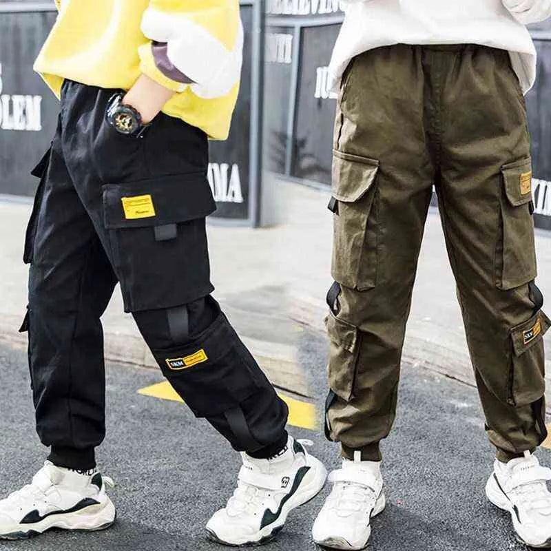 EACHIN Boys Pants Solid Cargo Teenage Boy Multi-Pocket Trousers Kids Spring Autumn Casual Streetwear 211231